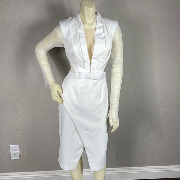 Donnee Par Dieu White Ivory Bridal Dress Lace Long Sleeve Deep V Neck Sz S - Picture 13 of 13